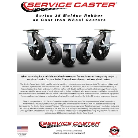 Service Caster 5 Inch Rubber on Steel Caster Set with Ball Bearings 2 Swivel 2 Rigid SCC SCC-35S520-RSB-2-R-2
